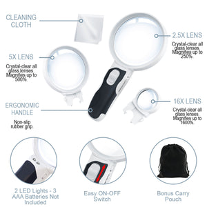 Magnifying Glass with Light - 3 Lens Set (2x + 3x + 7x)