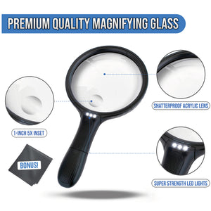 5.5 Inch Premium Extra Large and Shatterproof 2X Lighted Magnifying glass